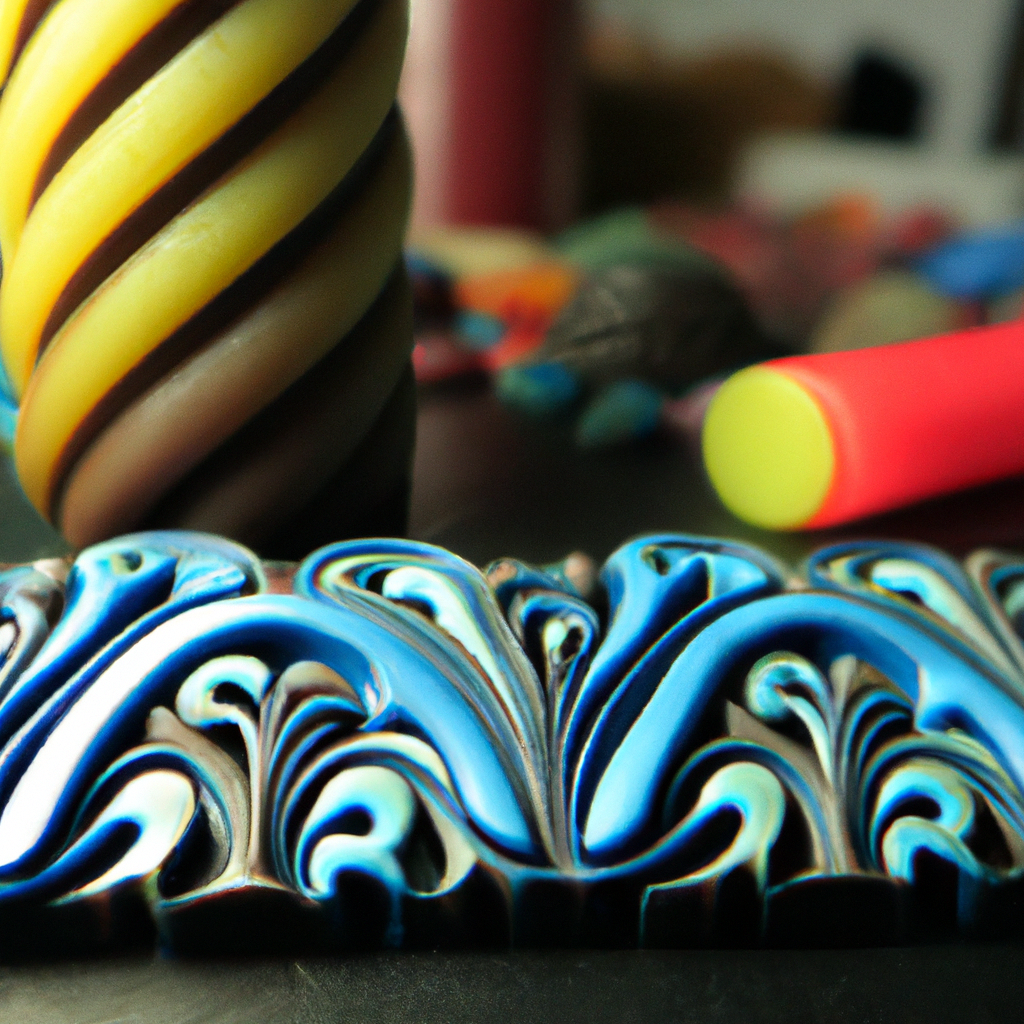 Macro close-up of an intricate polymer clay cane pattern in colorful spirals and chevrons on a wooden workbench, soft diffused light highlighting texture and craftsmanship