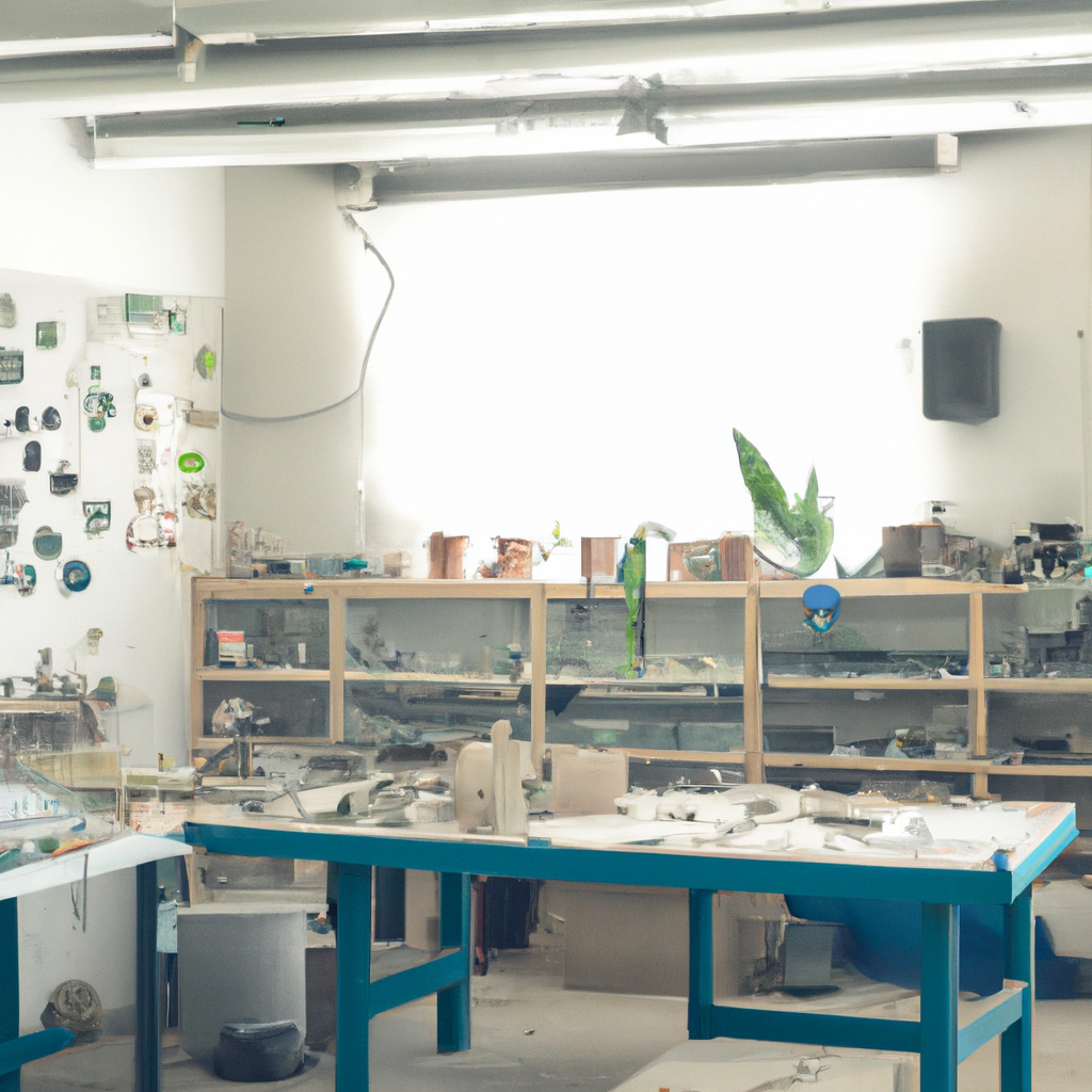 Sunlit studio workshop interior with polished concrete tables, organized polymer clay tools, labeled storage shelves, and minimalist plants, emphasizing clean safe workspace